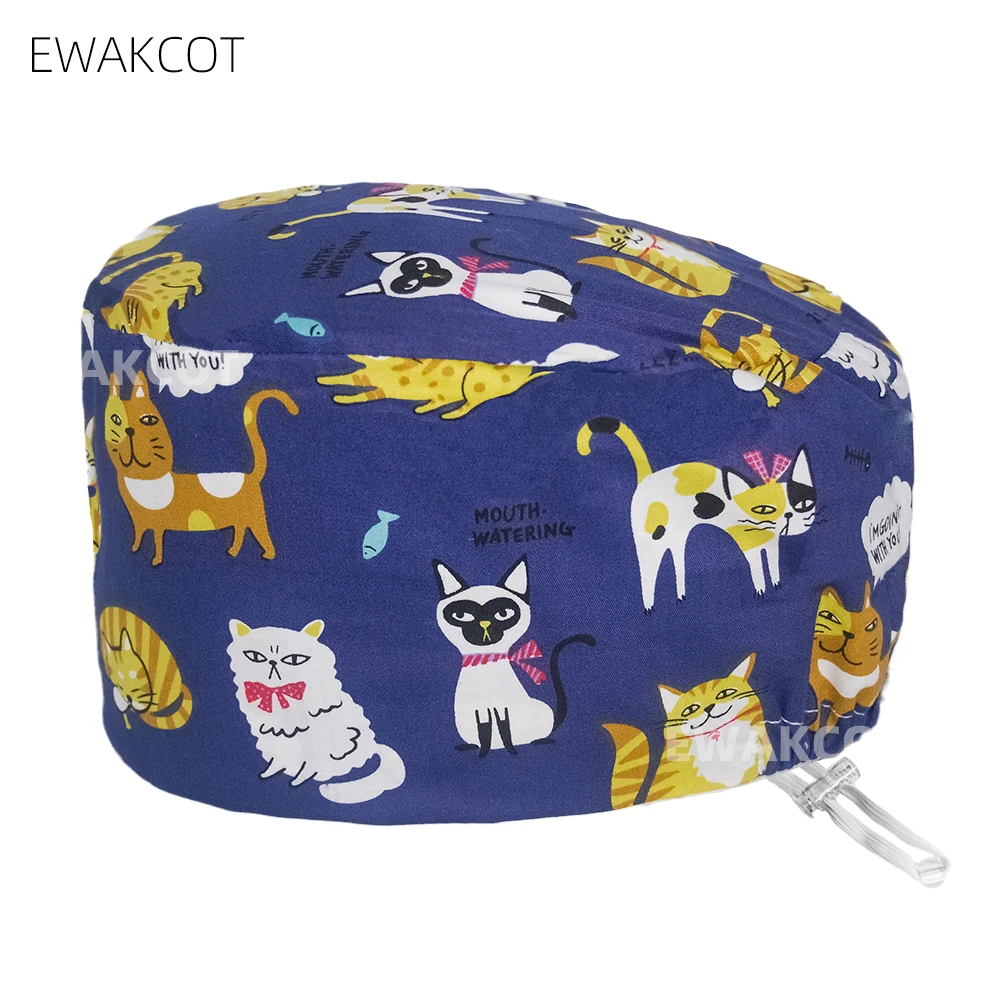 New Buckle Bouffant Cap Cartoon Print Nurse Doctor Surgical Cap Beauty Salon Laboratory Pet Shop Scrub Hat Chef Dustproof Hats