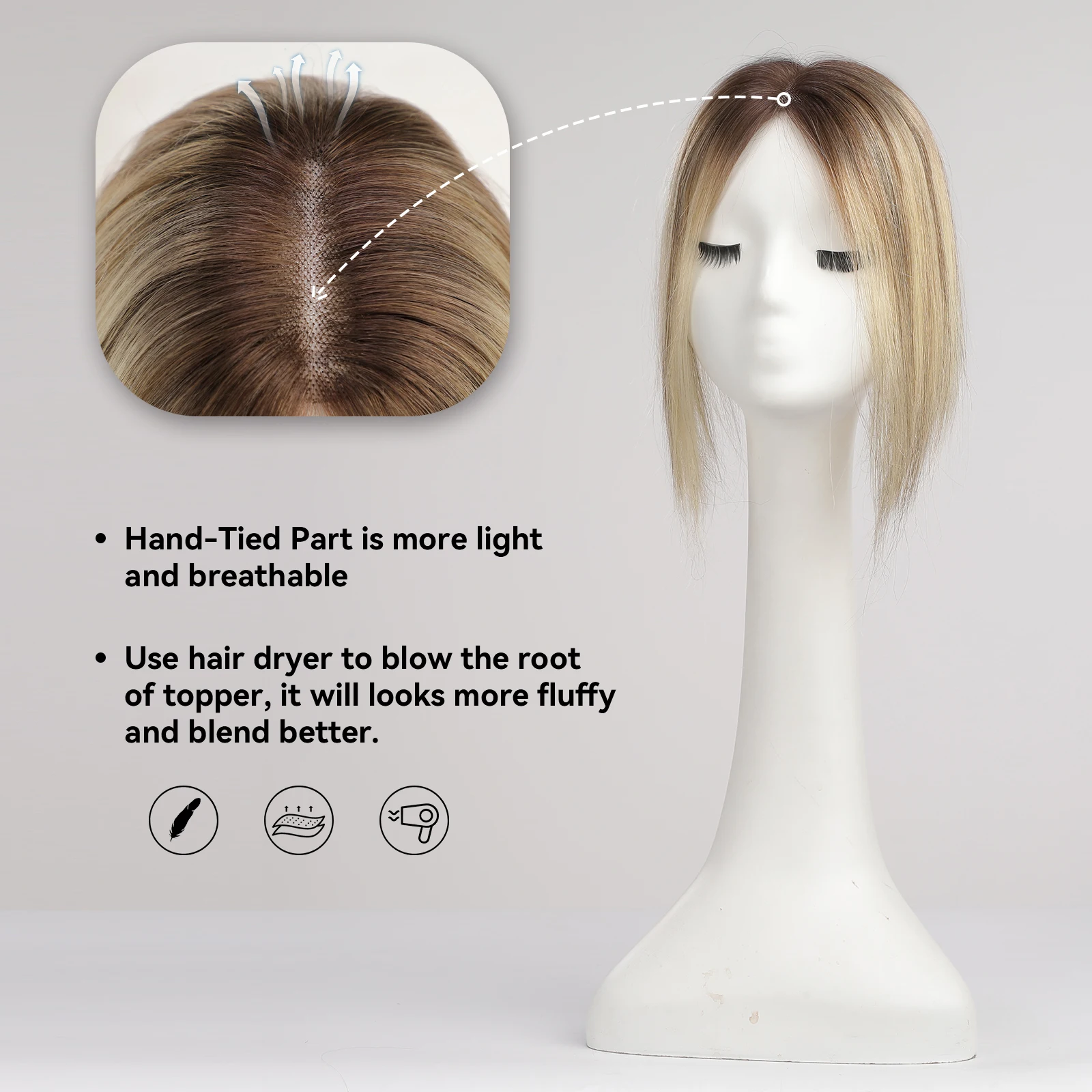 Ombre Brown 12 Inches Topper With Clips Brown Blonde Highlights Hair Toppers for Women Real Remy Human Hair Piece Hair Extension