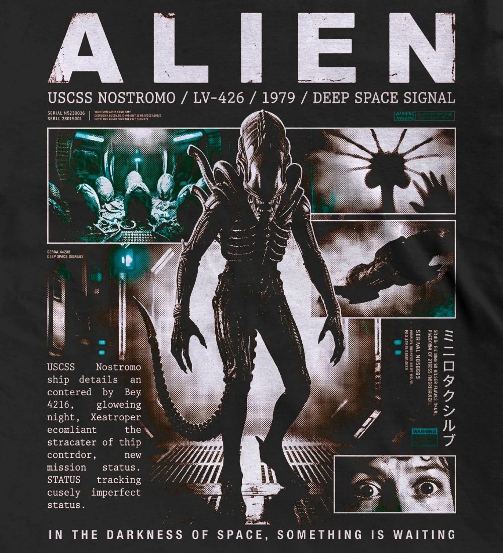 1979 Alien Horror T-shirt, Nostromo Alien Pattern T-shirt, Science Fiction Space Horror T-shirt