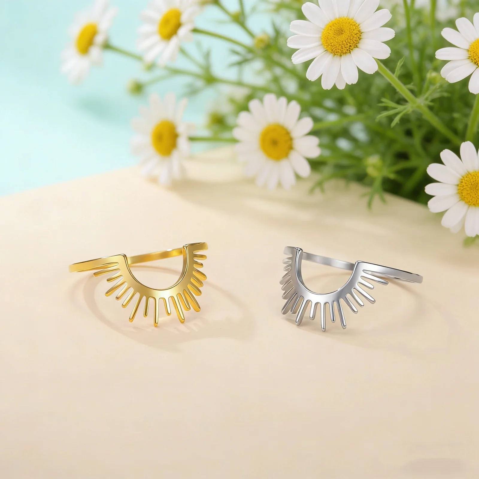 Skyrim Sonnenring aus Edelstahl, minimalistischer geometrischer Halbkreis-Sonnenaufgangsring für Männer und Frauen, romantischer Hochzeitsschmuck für Paare.