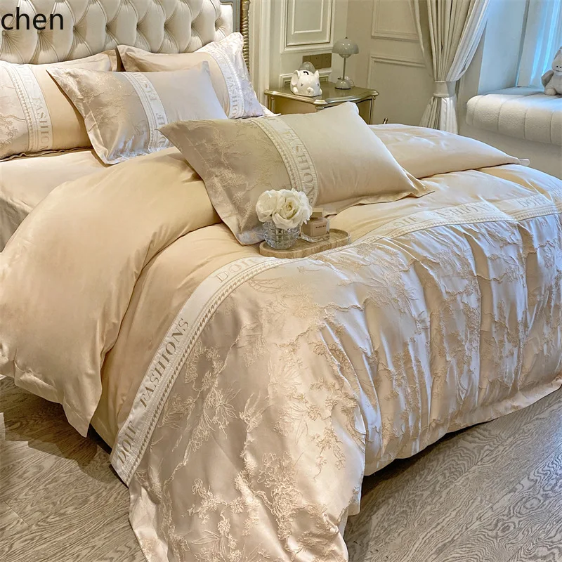 YFY Luxurious and Sophisticated Long-Staple Cotton Four-Piece Set with Embossed Embroidery Duvet Cover and Bed Sheet
