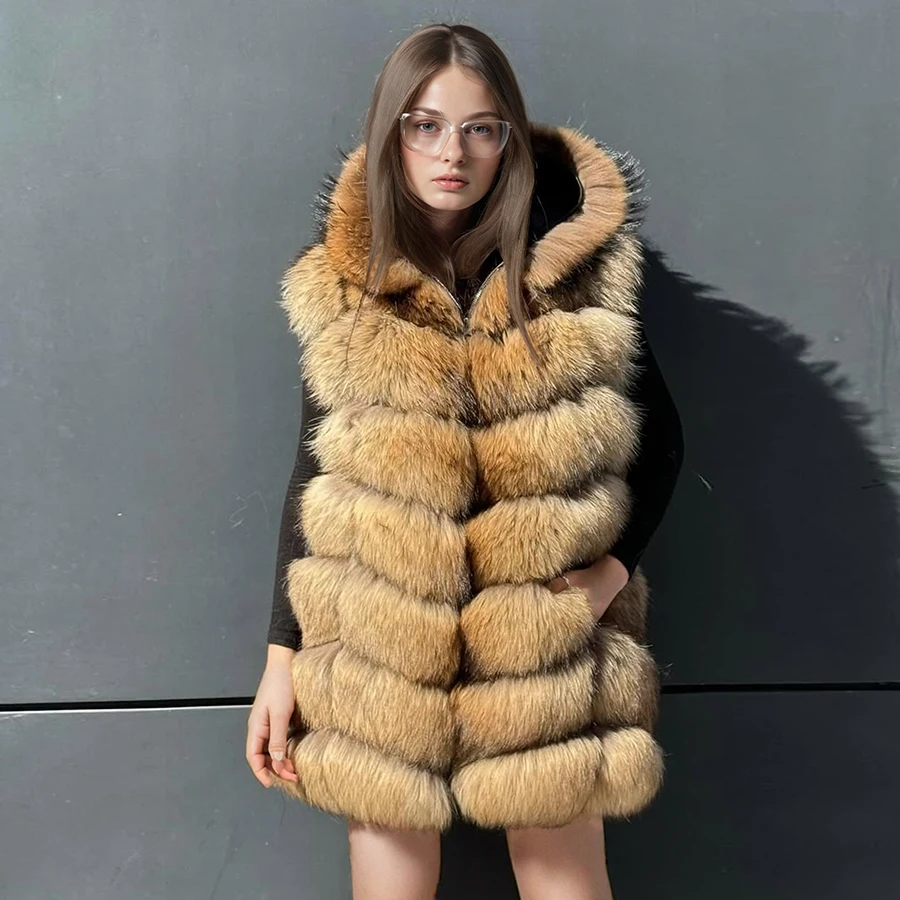 Dames wasbeerbont vest Echte wasbeerbontjas Natuurlijke bontvesten met capuchon Mode Nieuwkomers Echt bontvest