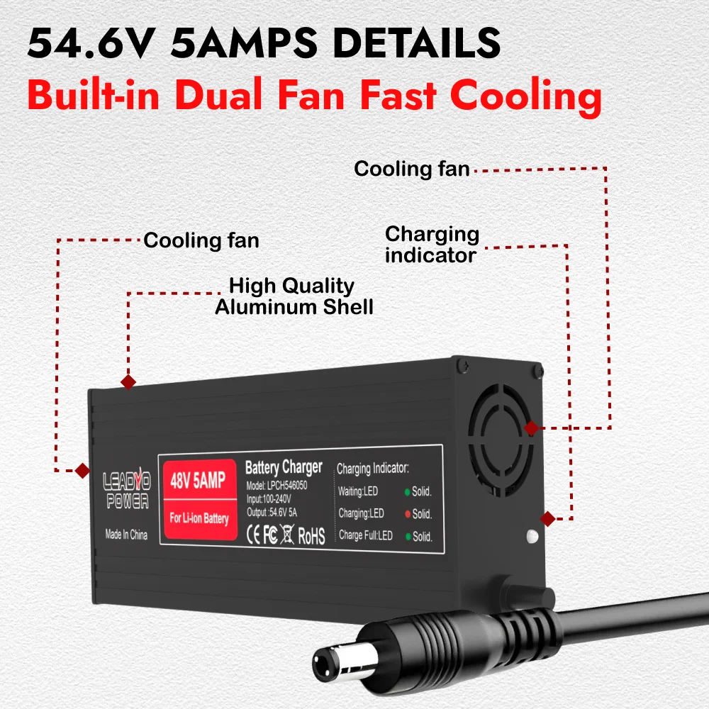 54.6V 5A Li-ion Battery Charger For 48V Electric Bike with DC2.1 Plug Intelligent Ebike Polly Hailong Battery Power Supply