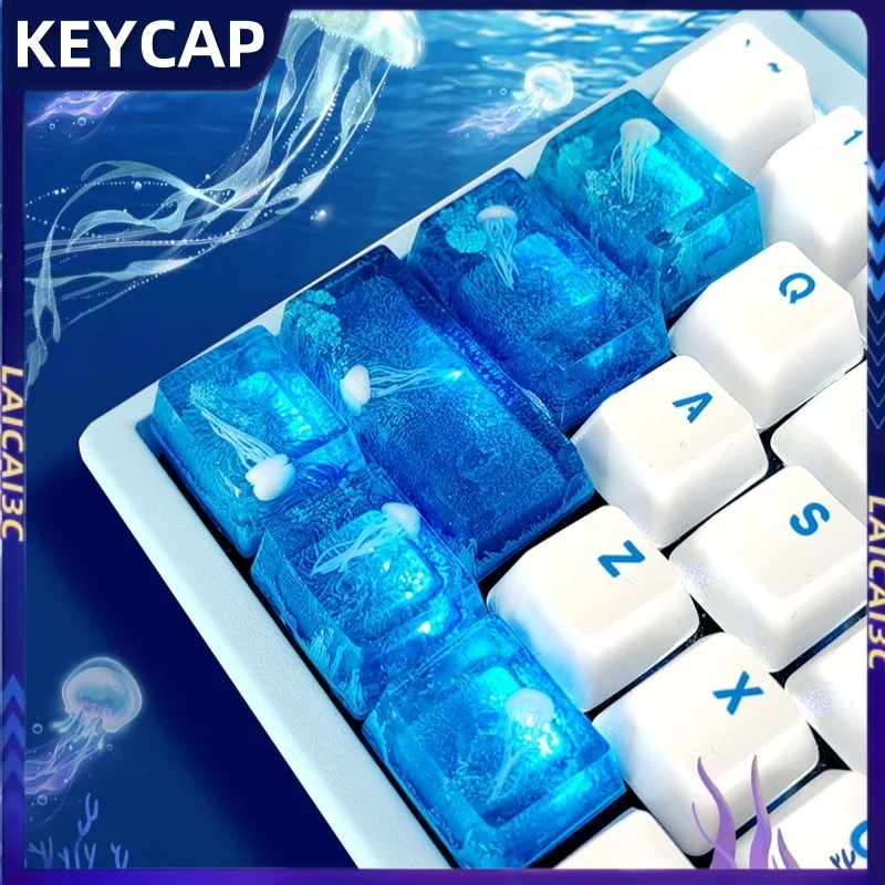 

Diy Deep Sea Jellyfish Keycap Resin Cross Shaft Creative Anime Cartoon Mechanical Keyboard Accessories Gift Collection Keycaps
