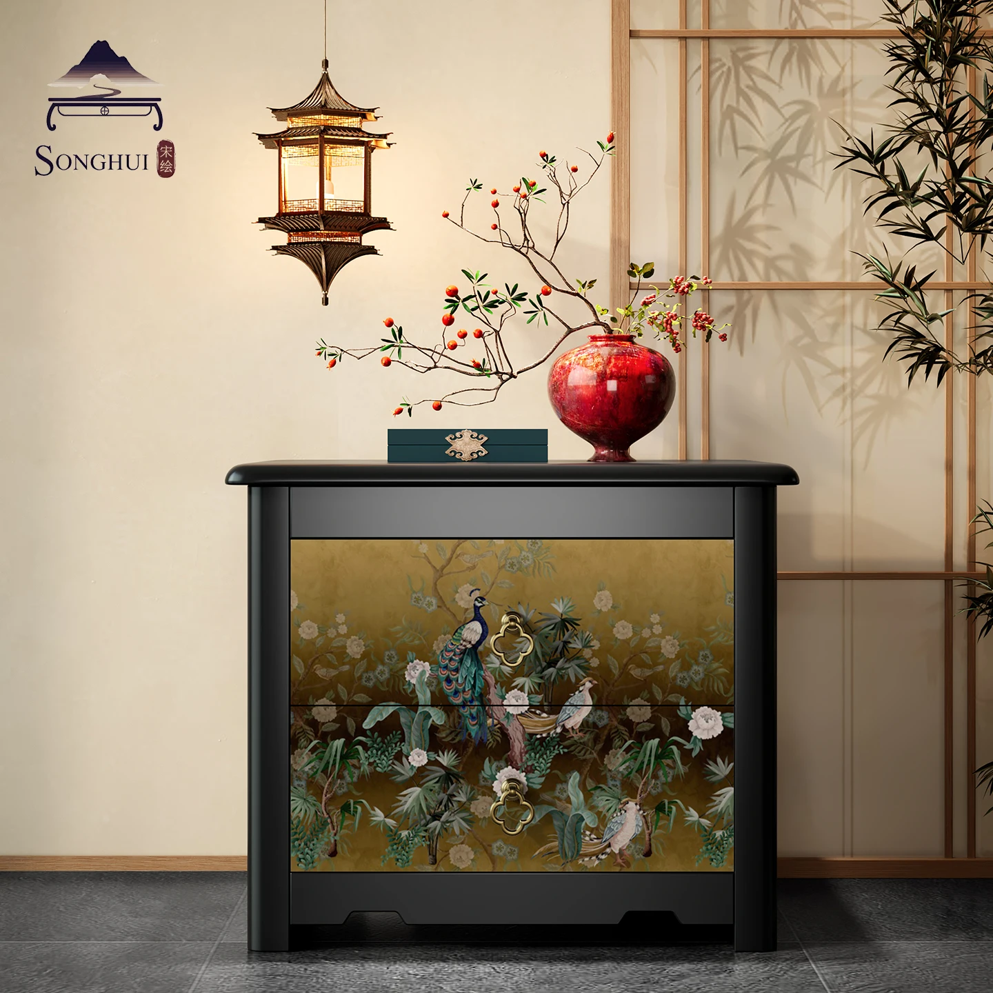 LH new Chinese bedside table pure solid wood drawer household wall storage decorative cabinet