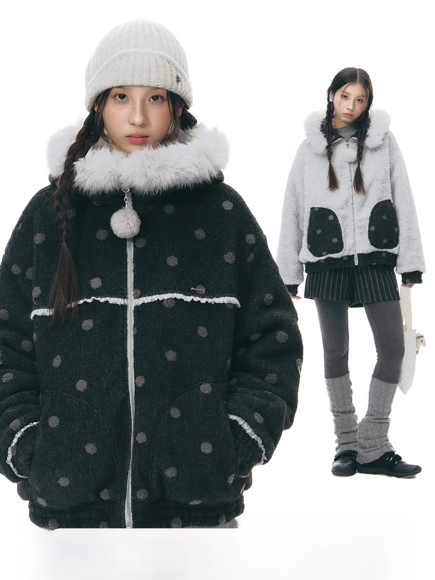 

NAPSNAPS Original Polka Dot Double-Sided Wear Cotton Jaet Women Winter New Sle Faux eepskin Collar Hooded Thi Outerwear