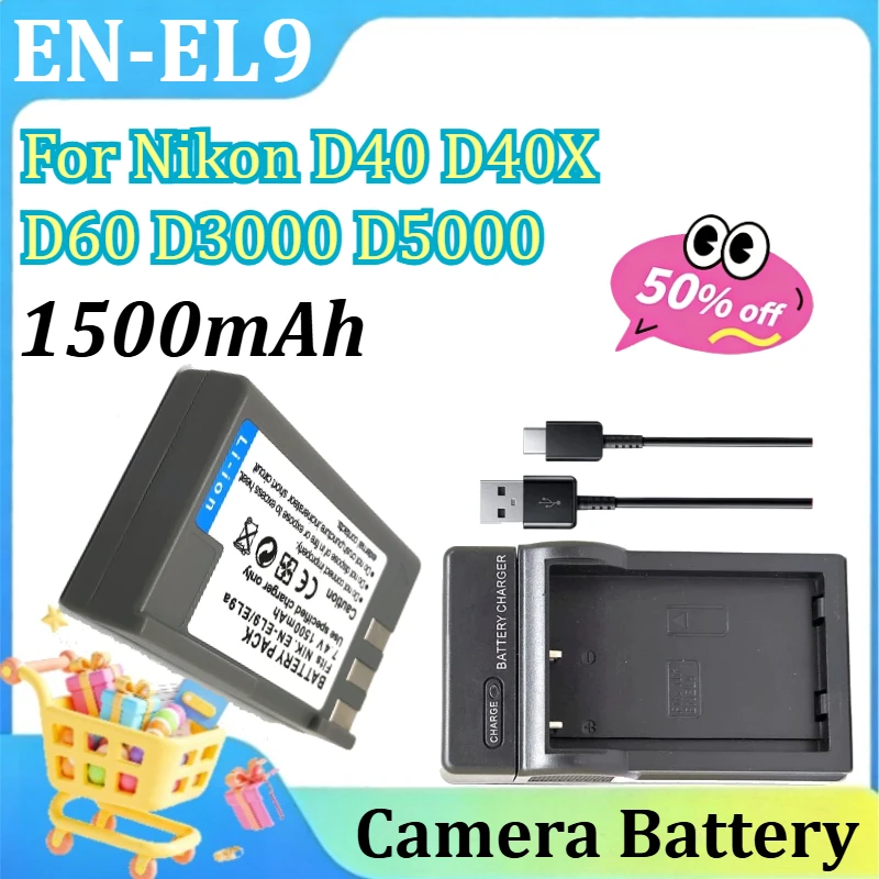 

For Nikon D40 D40X D60 D3000 D5000 Digital Camera 1500mAh for NIKON EN-EL9 EN-EL9A EN EL9 EL9A ENEL9 Batteries with Charger