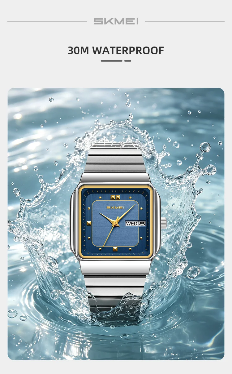 SKMEI 9414 Simple Square Dial Calendar Week Stainless Steel Strap Quartz Watch Men's Waterproof Business Mens Watch Reloj Hombre