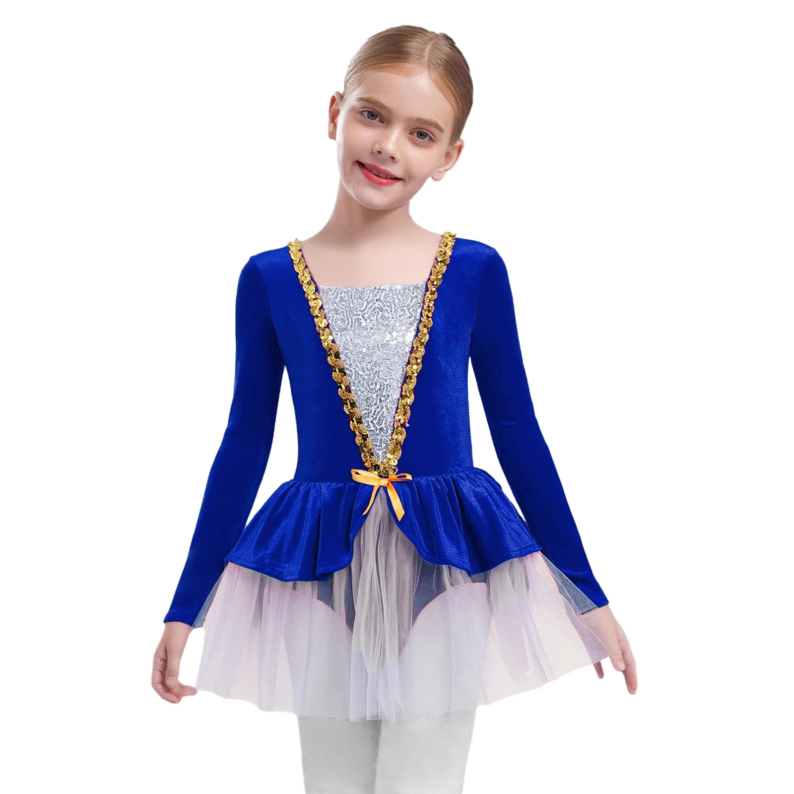 

Kids Girls Christmas Dance Dress Ballet Leotard Dress Long Sleeves Shiny Sequins Patchwork Velvet Tutu Dresses Figure Skating