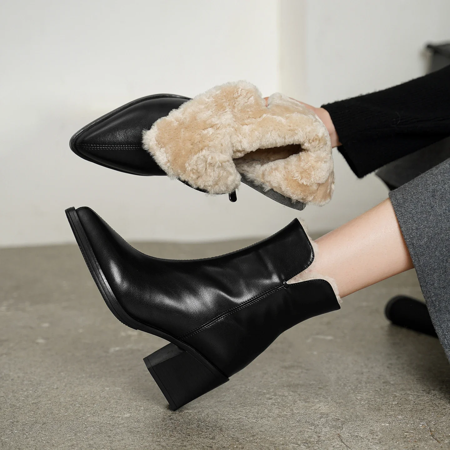2027 NEW Winter Women Boots Split Leather Women Shoes Pointed Toe High Heel Keep Warm Wool Inside Modern Boots Concise