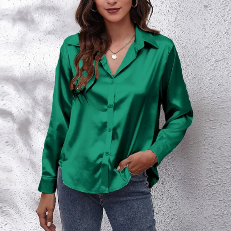 Spring Satin Shirt Women Loose Button Up Blouse Shirts Ladies Imitation Silk Long Sleeve Shirt for Women DF4972