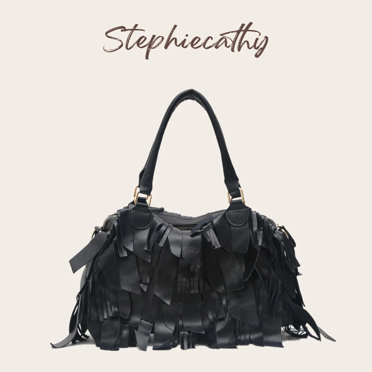 SC Gothic Pure Black Fragmented Genuine Leather Handbag Women Retro Tassel Spliced Single Shoulder Crossbody Bag Casual Street