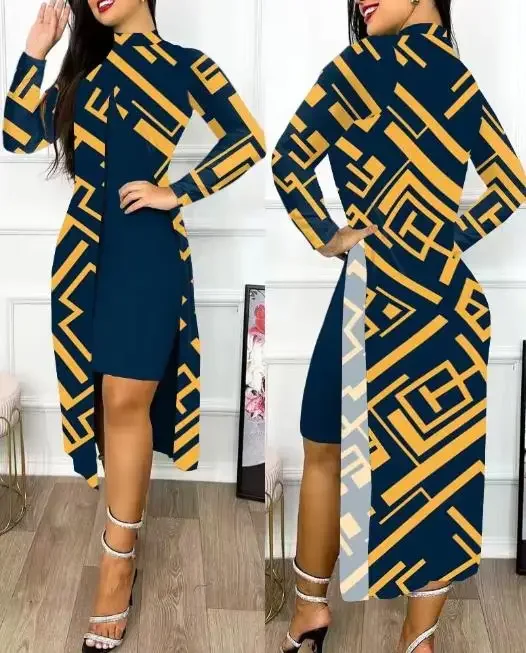 

2025 Elegant Dresses for Women Spring Autumn New Fashion Casual Print Long Sleeved Two Piece Set Dress Female Clothing Outfits