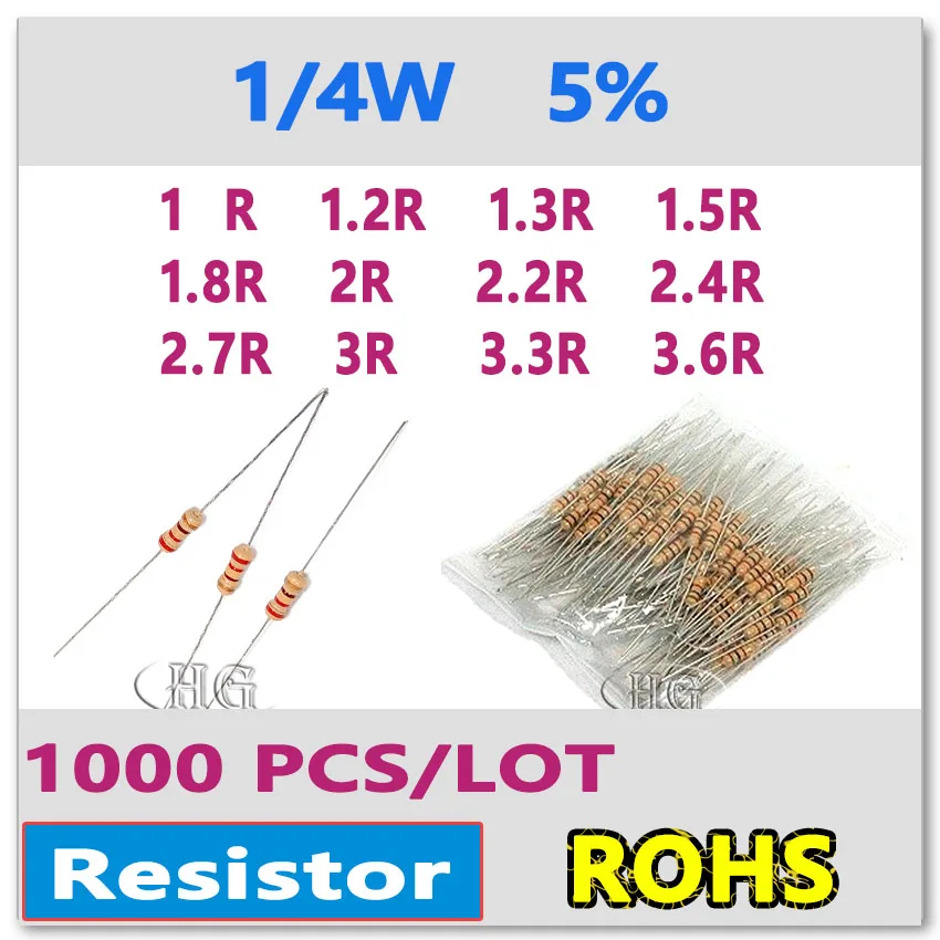 JASNPROSMA 1000PCS/LOT 5% 1/4W 1R 1.2R 1.3R 1.5R 1.8R 2R 2.2R 2.4R 2.7R 3R 3.3R 3.6R carbon film DIP OHM Resistor