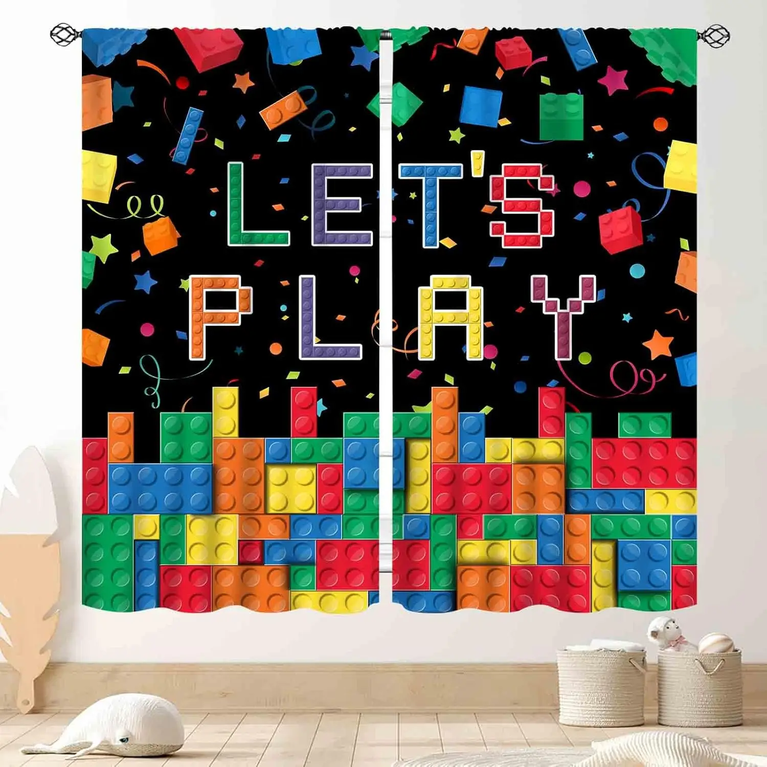 Kids Boys Curtains for Bedroom,Colorful Building Blocks Toys Plastic Brick Toy Pattern Abstract Contour Printed Blackout Drapes