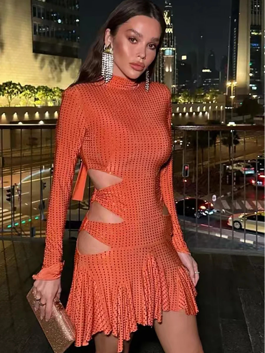 Glamorous Sexy Women's High Neck Long Sleeve Orange Hollow Out Mini Dress Wave Point Pattern and Ruffled Party Dress