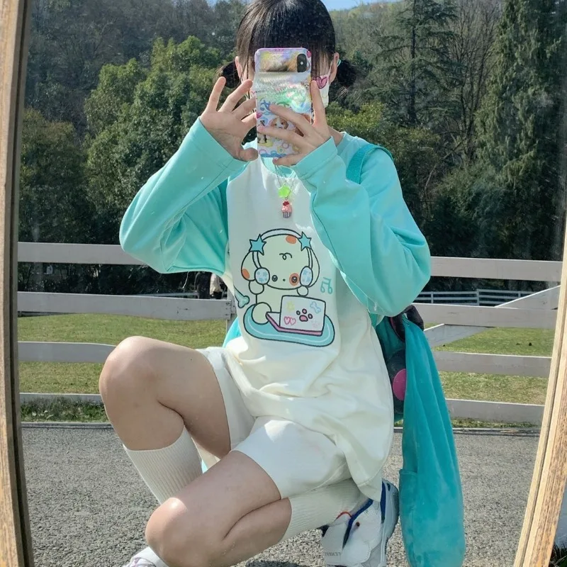 Mulheres estética dos desenhos animados Hoodies, Harajuku Kawaii pulôver, Fairycore Patchwork camisola, extragrande E-Girl, O pescoço Streetwear, Y2K