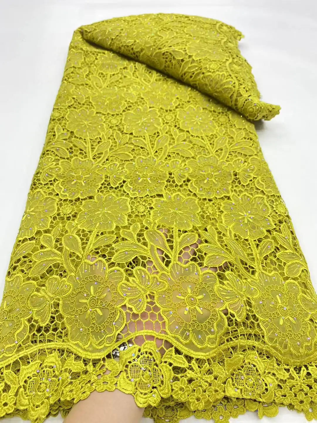 

African chiffon Lace Stones Fabrics Nigerian Guipure Cord Lace Fabric For Women Dress Wedding High Quality 5Yards