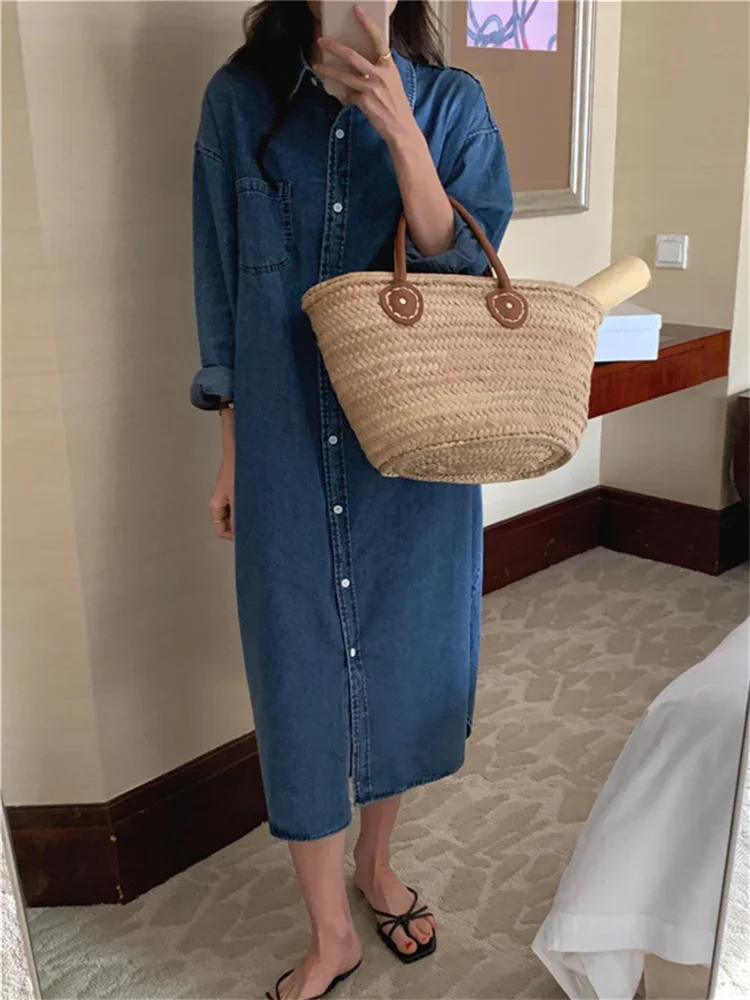 Spring Summer Women Casual Denim Shirt Dress Loose Long Sleeve Cardigan Dress Korea Ladies Womens Denim Shirt Long Dresses