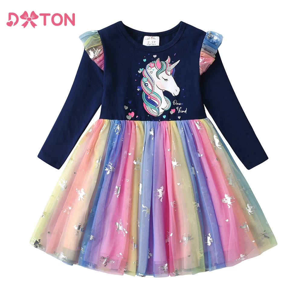 VIKITA New Unicorn Girls Dress Autumn Winter Children Dresses Cotton Toddler Costume Birthday Party Princess Mesh Dress For Girl