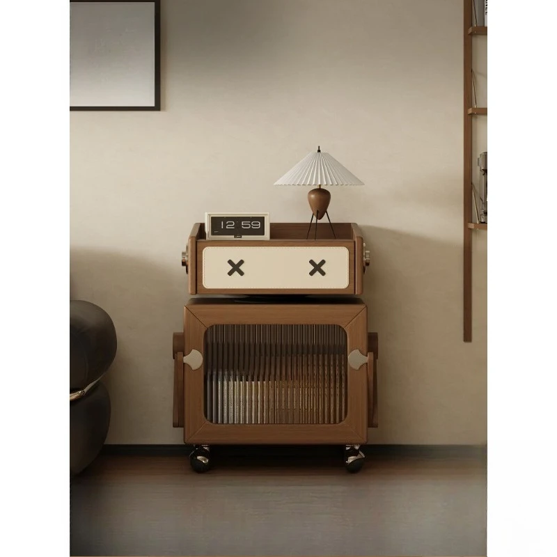 

Medieval style movable solid wood side table locker cherry wood creative robot bedside table