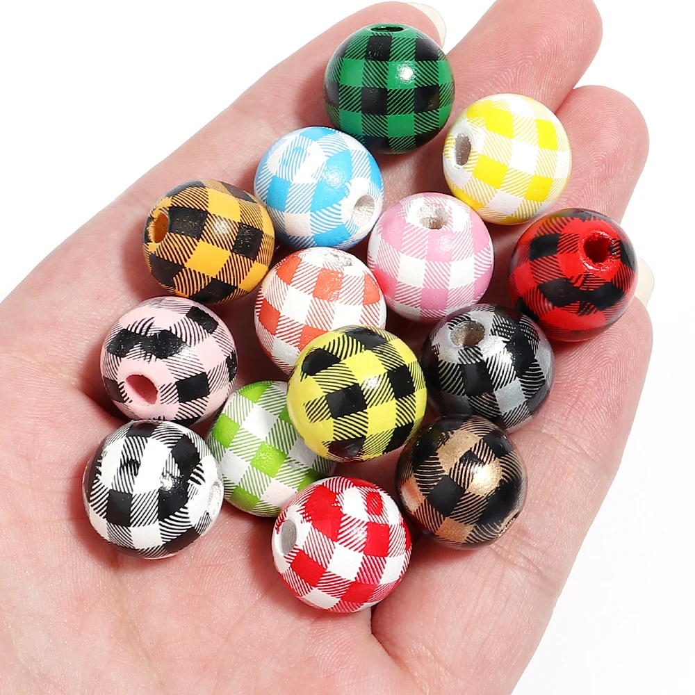 

20pcs 16mm Lattice Wooden Bead Colorful Round Wood Loose Beads for DIY Christmas Party Children Toy Home Decoration Accessories