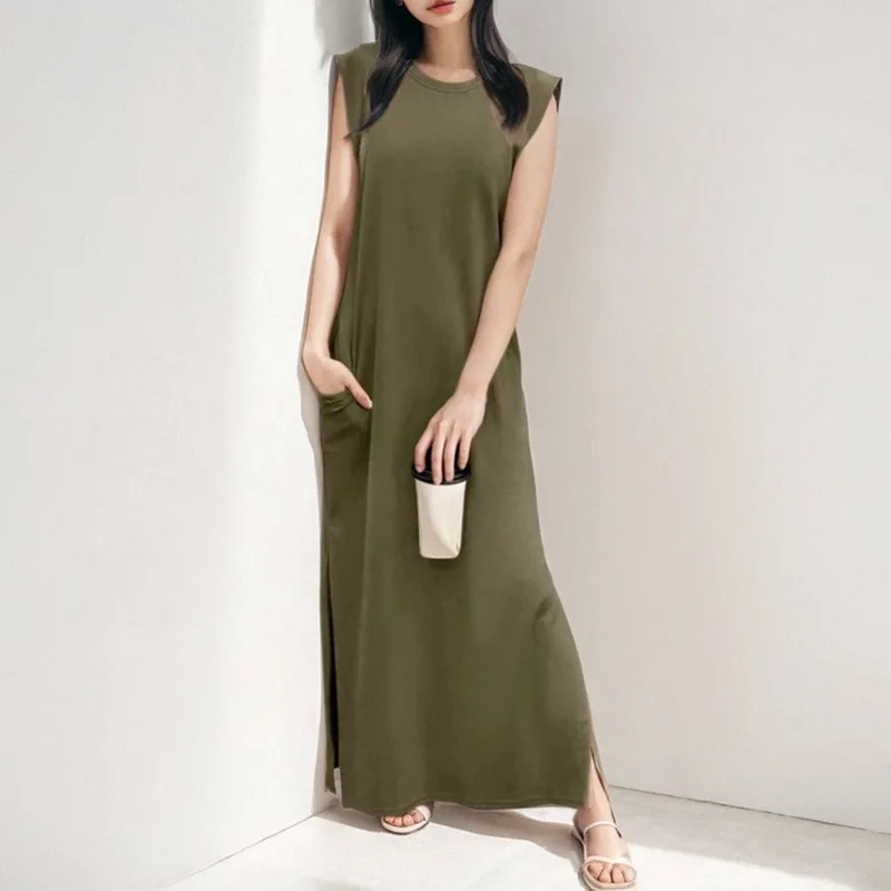 

Spring New Women's Elegant and Casual Sleeveless Solid Color Round Neck Slim Fit Long Dress