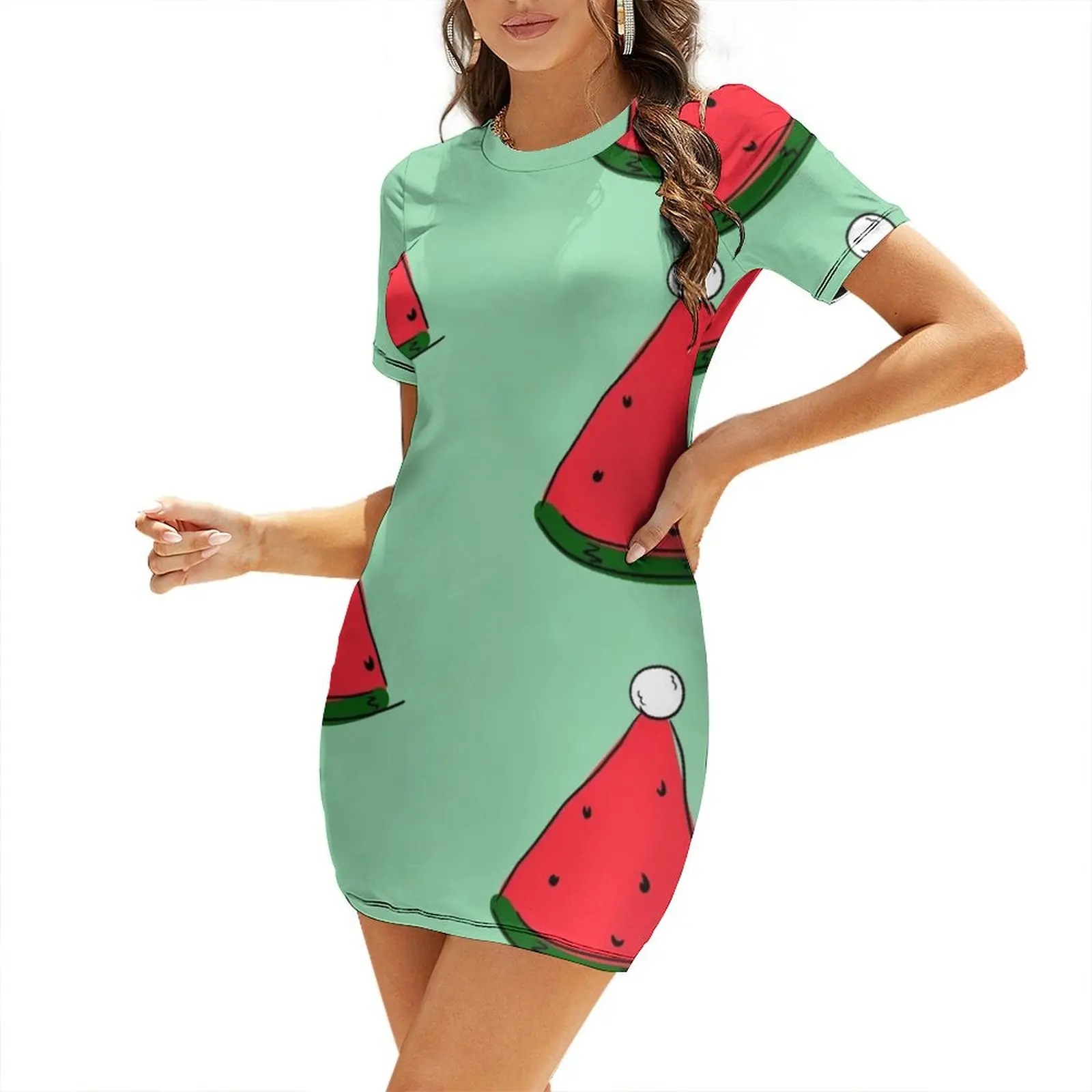 

Hot Summer Australian Christmas Watermelon Santa Hat Abstract with Mint Green Background Short Sleeved Dress