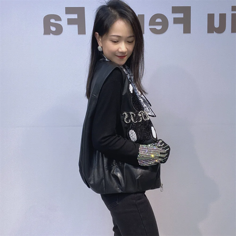 American Street Vintage Gilet in pelle PU Cappotto All-match Autunno Giacca senza maniche Perline Orso Diamanti O-Collo Cappotto in ecopelle