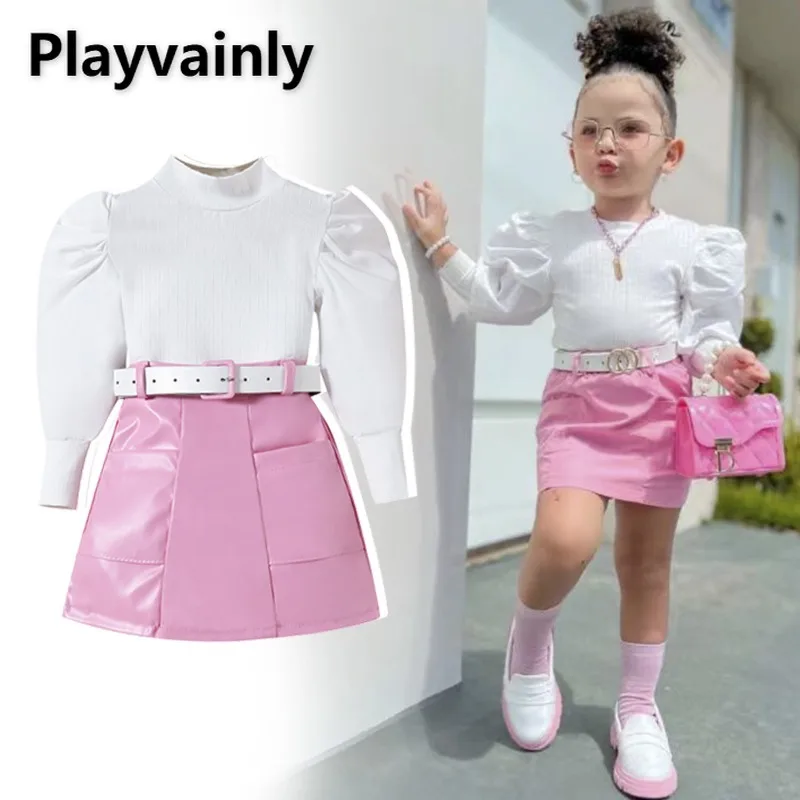

Fashion Girls 3Pcs Set Autumn Winter Puff Sleeve Crewneck Top+PU Leather Skirt with Belt Toddler Casual Party Wear Outfits A528