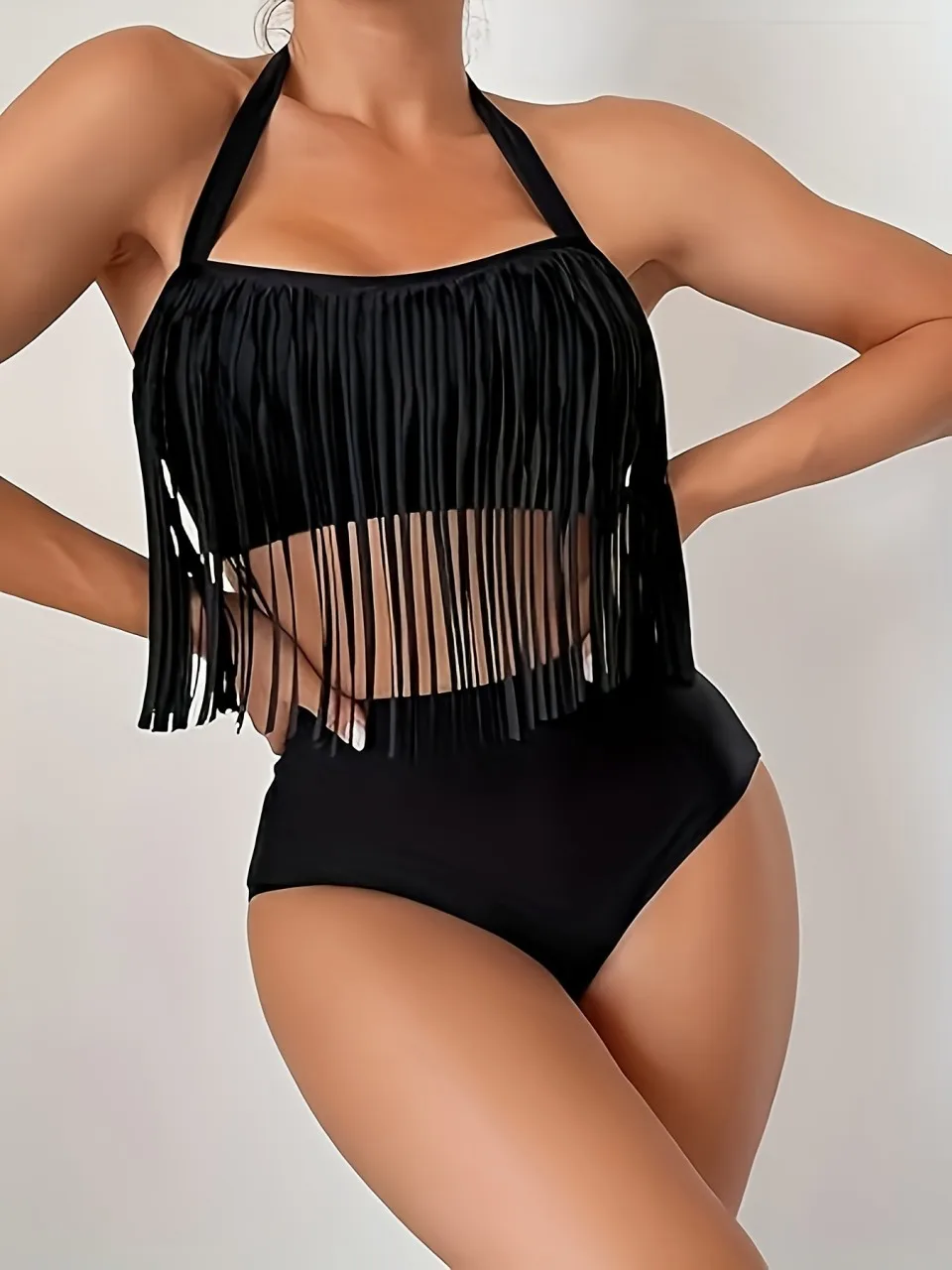

Sexy Halter Black Bikini 2026 High Waist Swimwear Female Tassel Swimsuit Women Bathers Bathing Swimming Suit Padded Beachwear