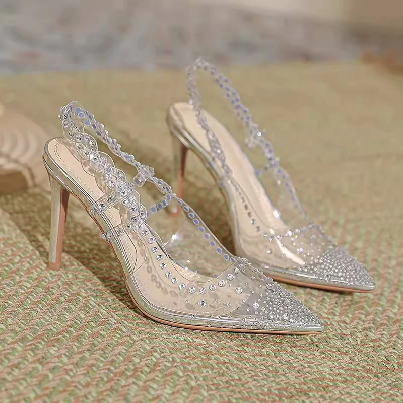 

New Summer Women's High-heeled Sandals with Pointed Transparent Rhinestone Heels, Silver Stilettos, One-strap Back Sandals