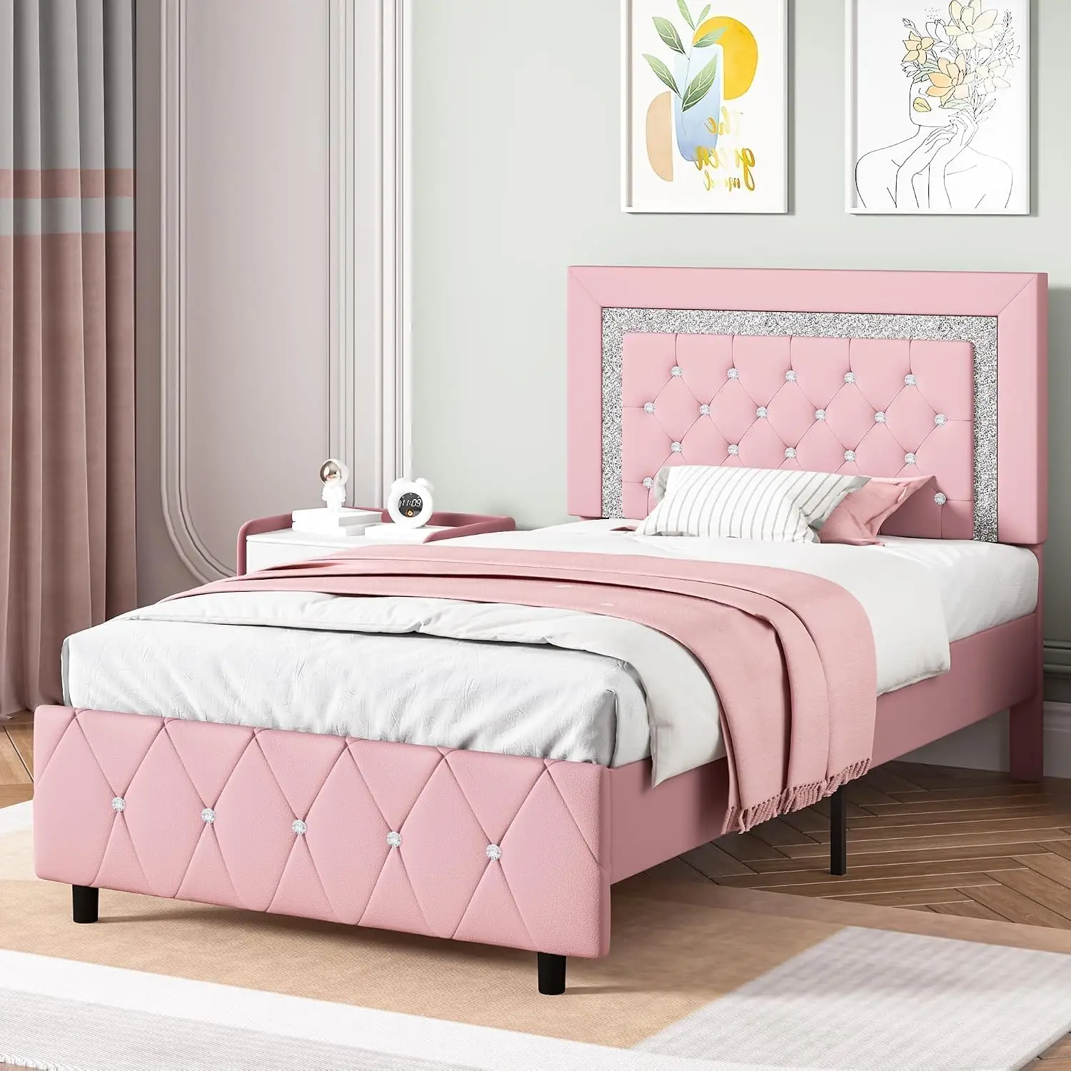 Twin Bed Frame Headboard Princess Kids Faux Leather Upholstered Diamond Tufted No Box Spring Required Easy Assembly Pink image 3