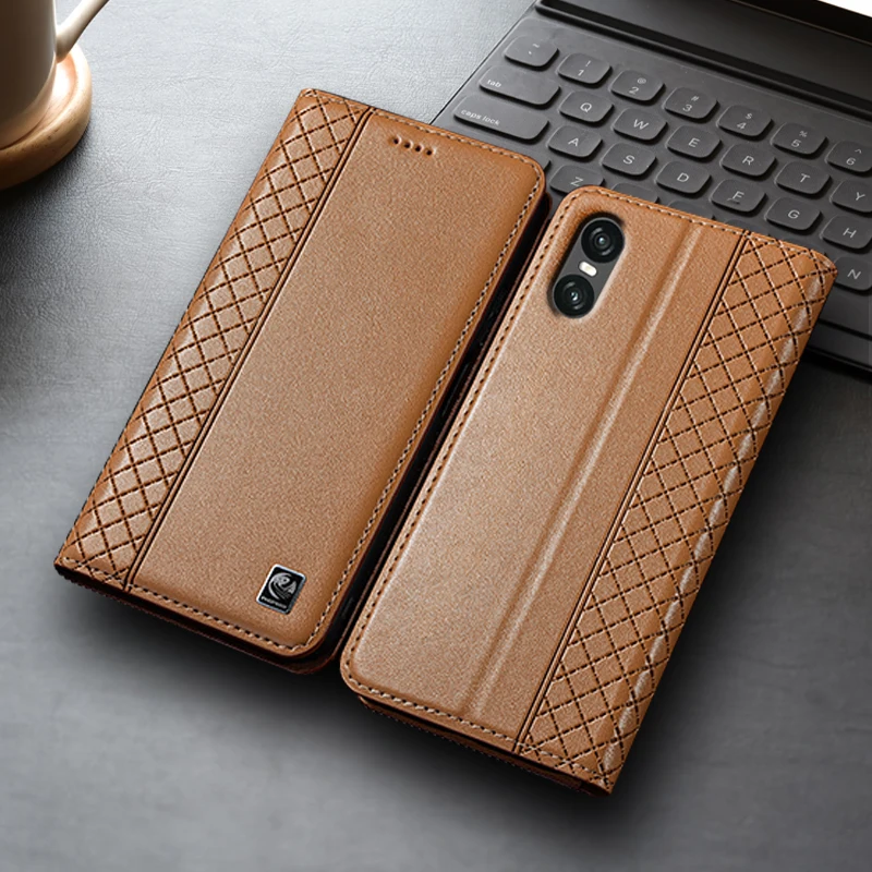 

Napa Inner Grid Genuine Leather Flip Case For Sony Xperia 1 5 10 II III IV V VI VII Plus Phone Cover Card Cases Scratch Proof