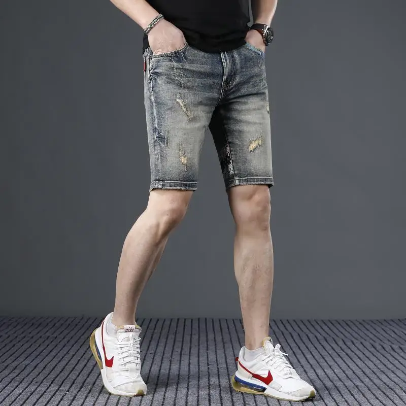 

Casual Denim Shorts for Men 2024 New Knee-Length Retro Distressed Stretch Summer Trend Men's Jeans Luxury Fashion Short Jeans