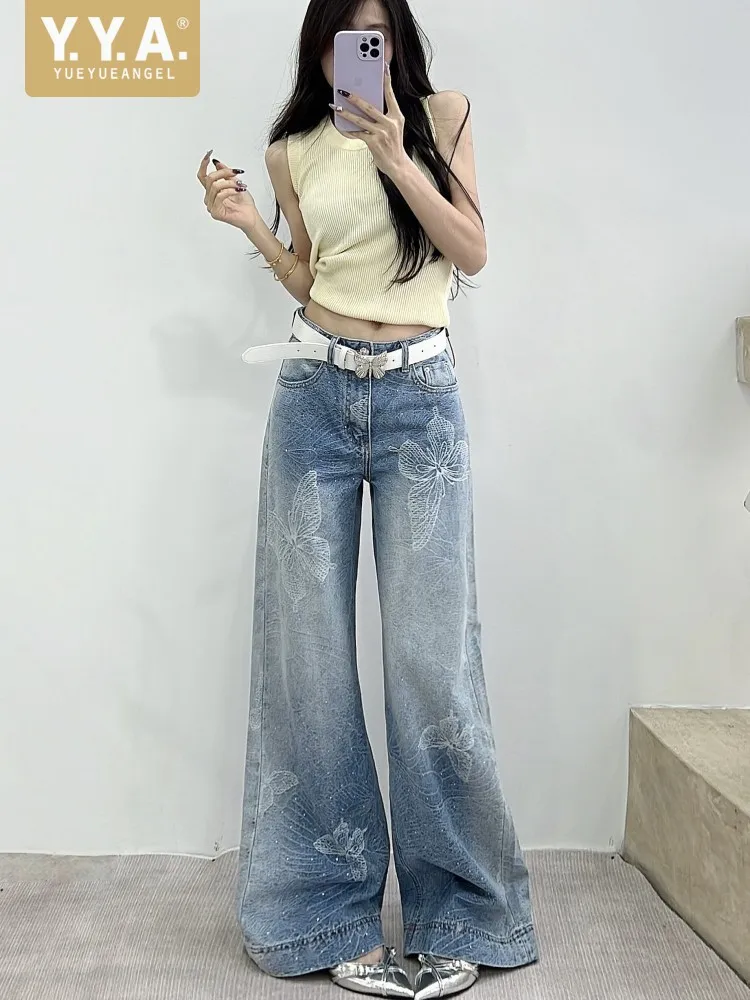 

Office Female Embroidery Jeans Straight Leg Pants High Waist Daily Casual Loose Fit New Lady Designer Full Length Denim Trousers