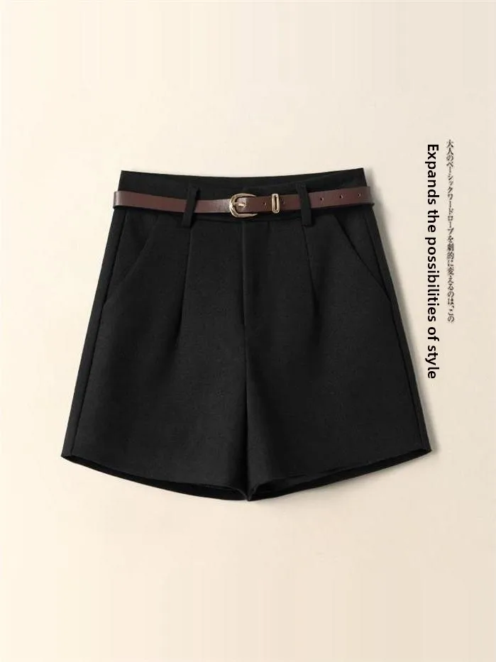 High Waist Woolen Short Pants for Women Autumn Winter Fashion Slim Fit Outerwear Bootcut Pants Wide Leg Pants Casual Trousers