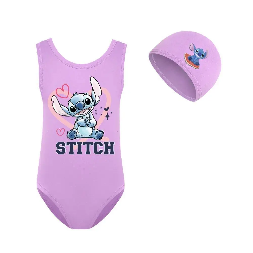 Disney Stitch Girl Swimsuit Swim Cap Set for Girl One-Piece Swimwear Kid Stitch Princess Swimsuit Beachwear Children 2-14 Years