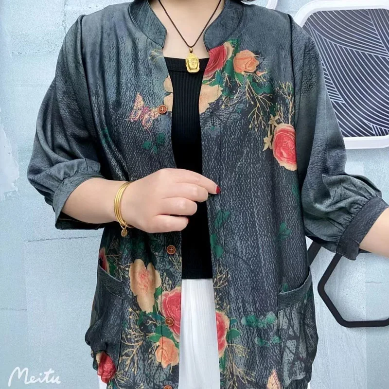 Summer New Vintage Printing Button Cardigan Female Half Sleeve Loose All-match Pocket Tops Tees Casual Fashion Women Clothing