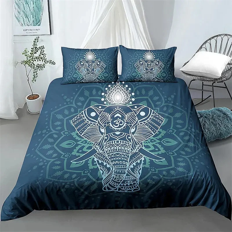 Boho Elephant Duvet Cover Set Full King Size Bohemian Hippie Mandala Bedding Set Exotic Style Elephant Bedding Set for Boys Girl