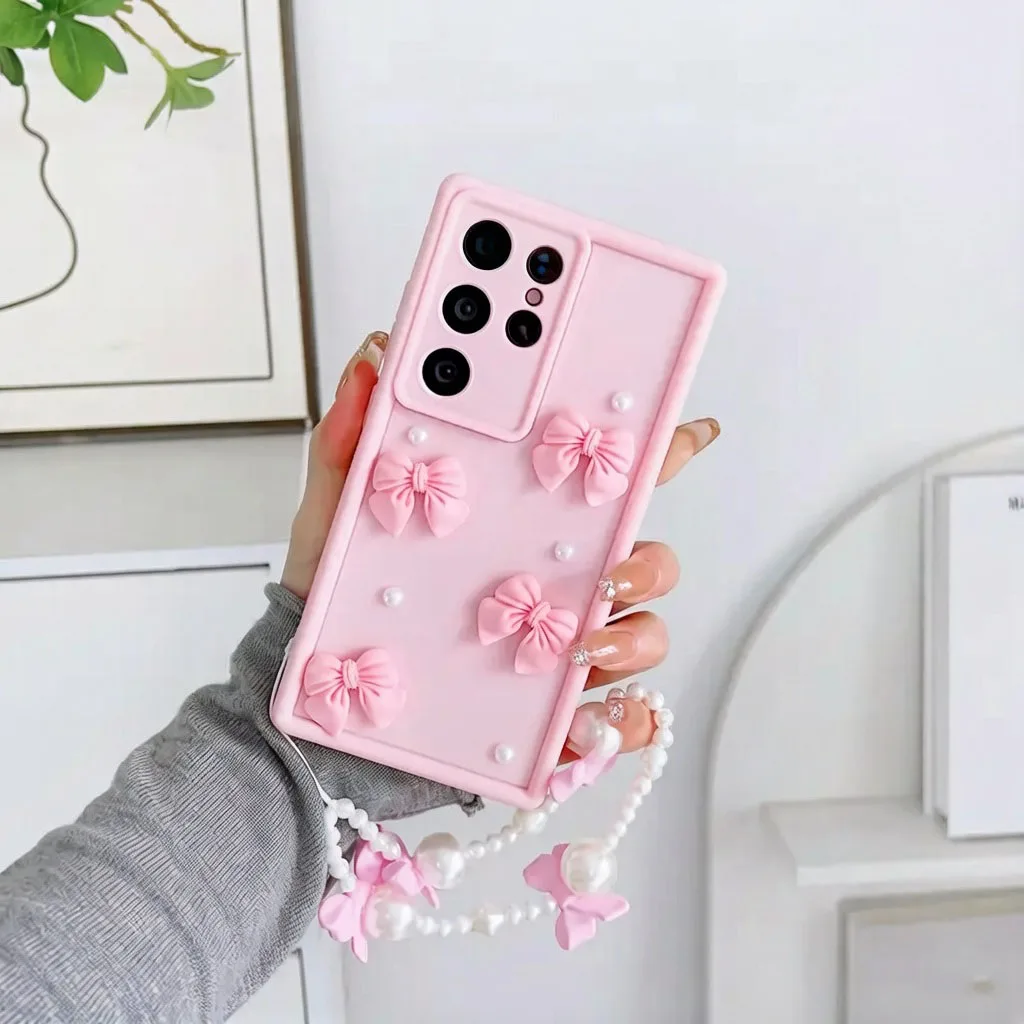 Korean 3D Bowknot Pearl Silicone Phone Case For Samsung Galaxy A11 A31 A51 A71 4G A7 2018 A72 A52 A32 A22 A12 A02 A02S A52S