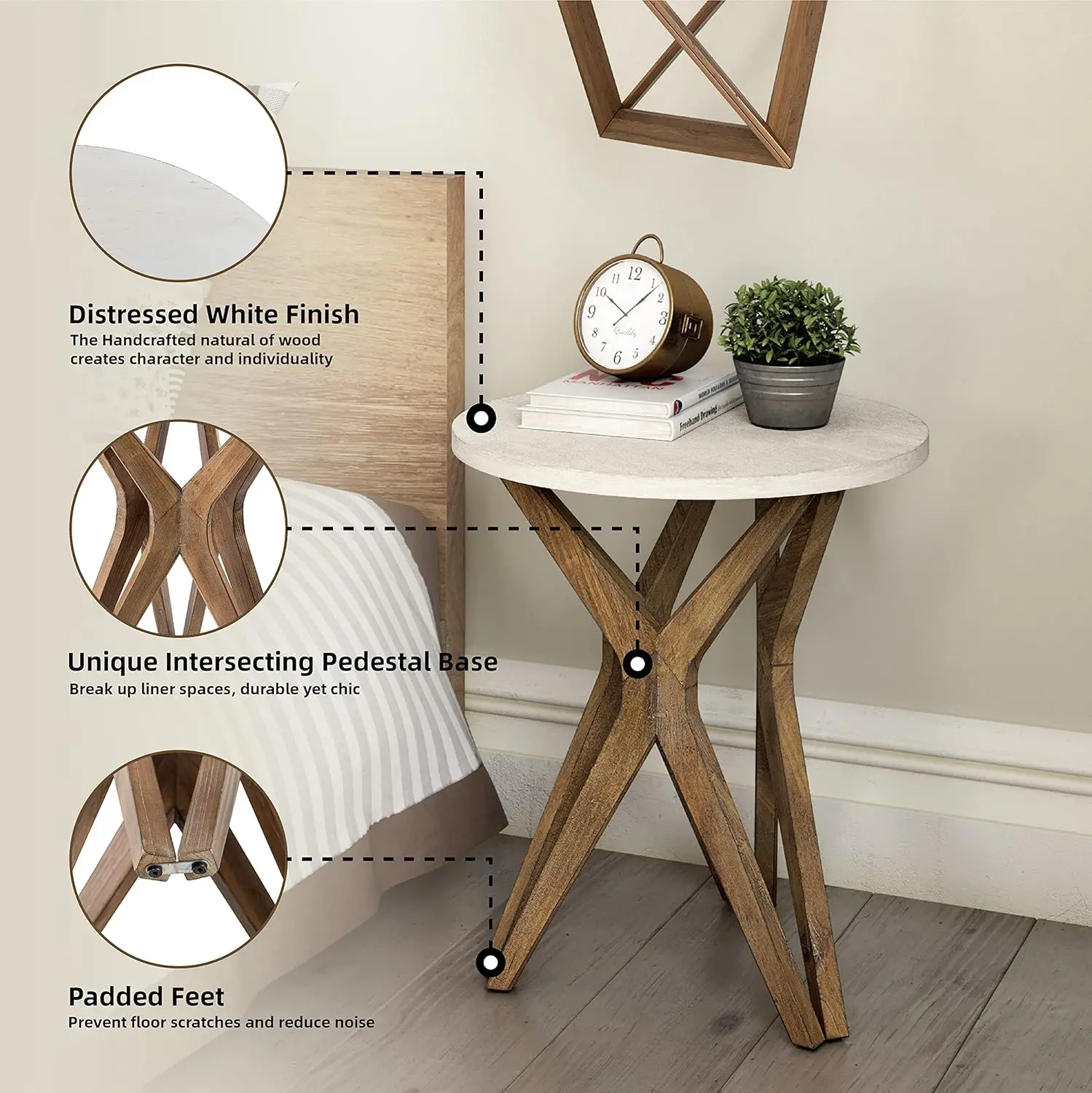 Tripod Base Bedside Table for Living Room, Modern, Boho Decor, Round (1 Pack, White & Walnut)