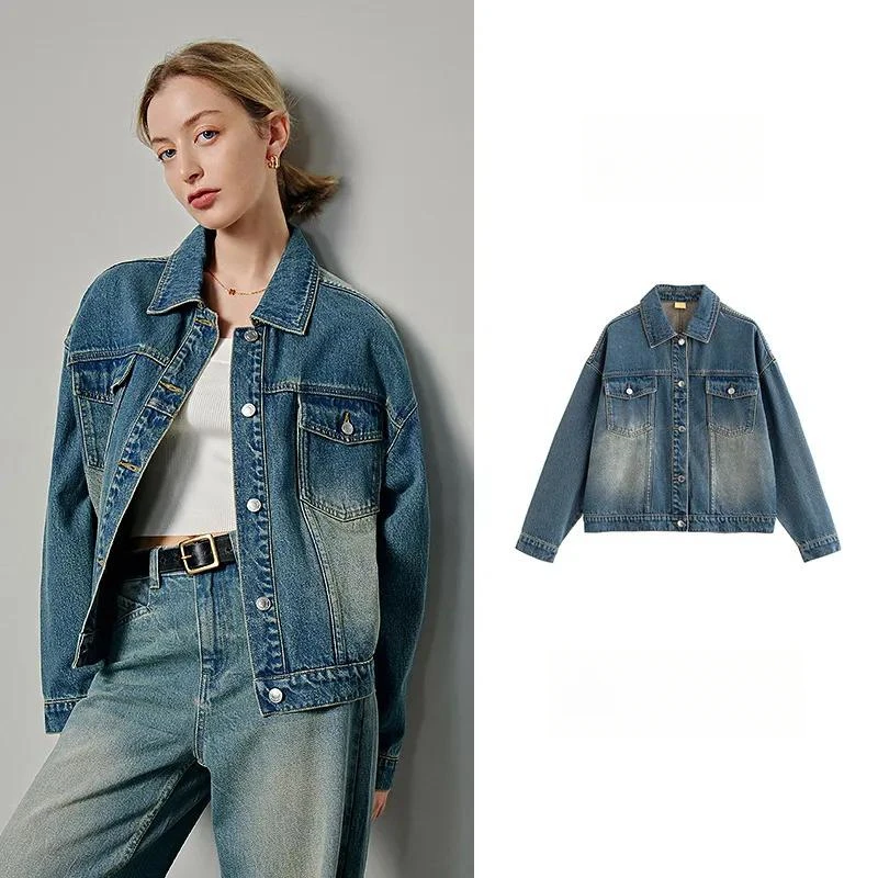 

Women's Denim Jacket Autumn Outerwears Retro Loose Polo American Long Sleeved Fashion Jacket Top Chaqueta De Mezclilla Mujer