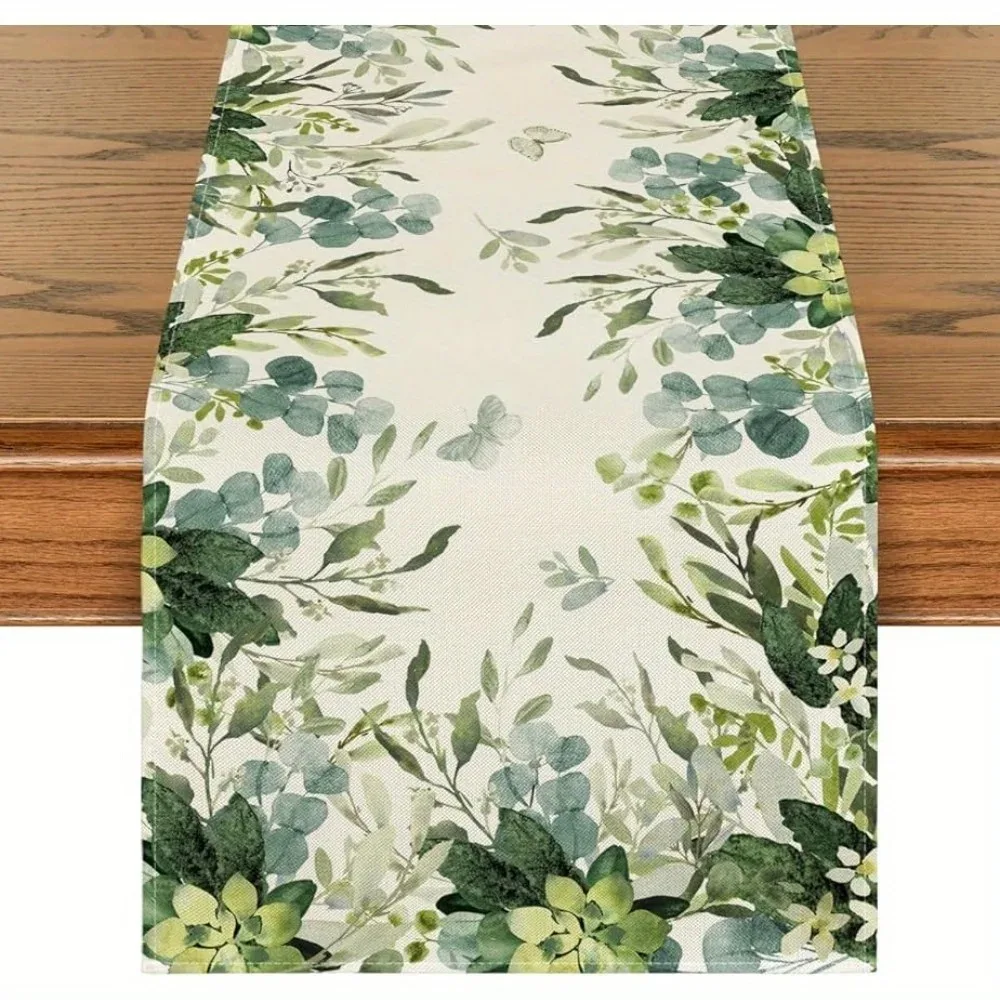 Watercolor Eucalyptus Leaf Table Runner Fresh Green Foliage Butterfly Print Dining Table Decor For Wedding Daily Home 