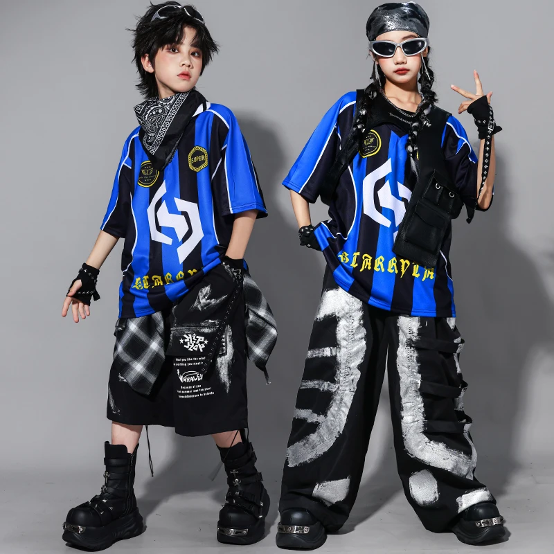 Meninos hip hop outfits azul contraste camiseta calças de carga meninas dança de rua jazz traje crianças roupas k-pop streetwear