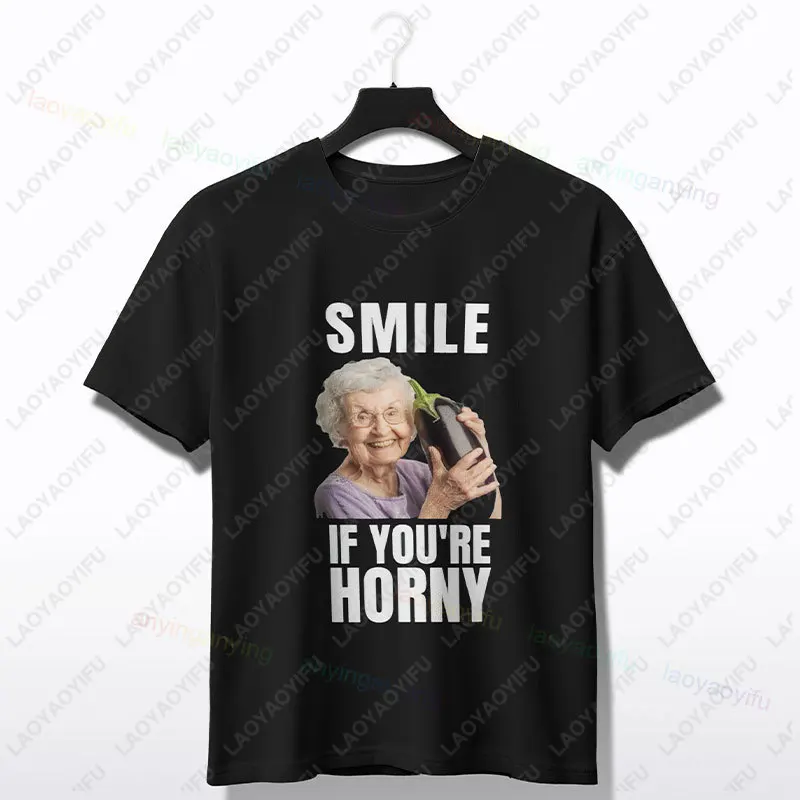 Funny Humorous 'Smile If You're Horny' Graphic T-Shirt Casual Crewneck Short-sleev Humour for Adult Tshirt