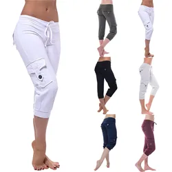 Verão calças cortadas calças de carga feminina sólido basculador multi-bolso elástico cintura calças esportivas streetwear yo-ga casual capris novo