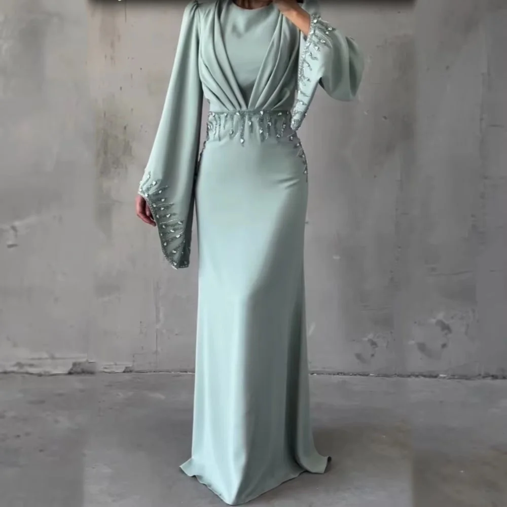 تخصيص رائعة Ruched الديكور المرأة حفلة موسيقية فستان طويل الأكمام الساحرة ألف خط الخامس الرقبة فستان الحفلات الكشكشة المرأة ثوب مسائي #3