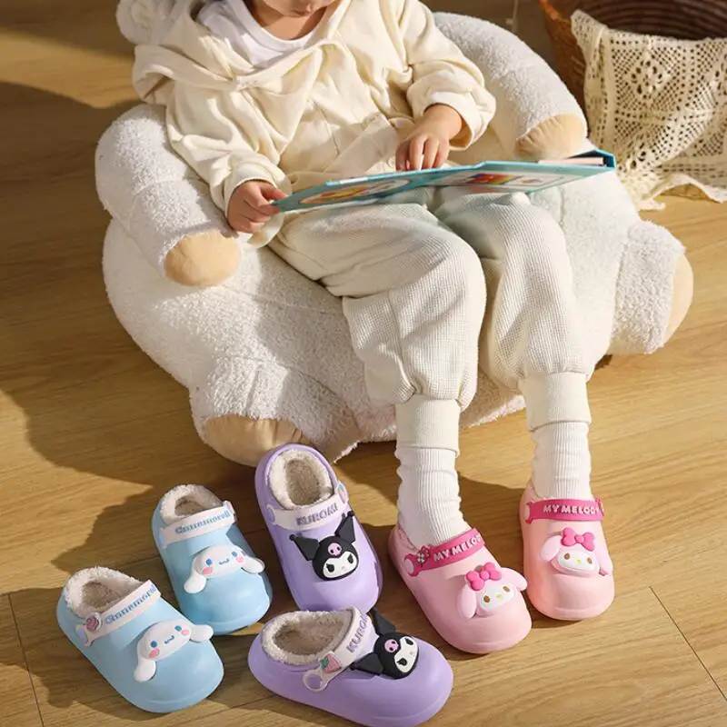 Hot Sanrio Y2K Kuromi Girl Slippers Kawaii Anime Fashion Student Waterproof Winter Cotton Slippers Non-Slip Children's Shoes New