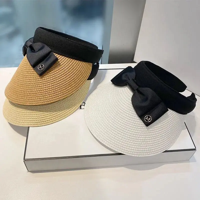 Neue Sommer leere Top Bast Strohhut Frauen Outdoor-Reise Strand Sonnencreme Anti-UV-Reiten Sonnenhut Mädchen große Krempe Bogen Visier Kappe – Detail 2